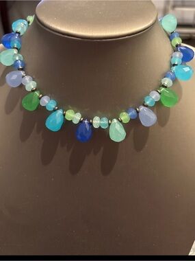Multi-Blue & Green Faceted Teardrop Necklace - 16”